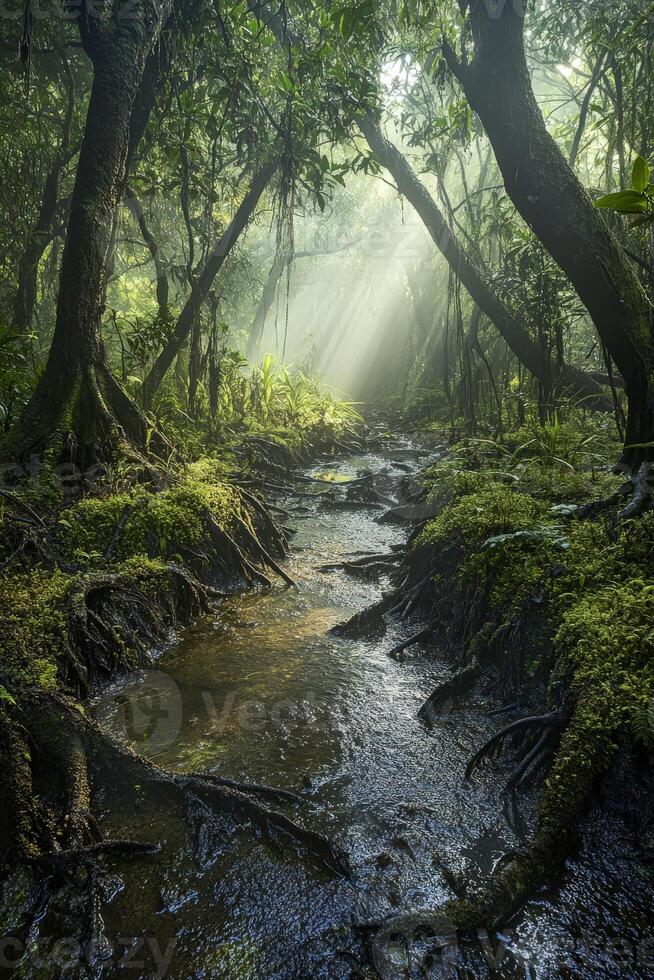 Sunlight filters through dense forest to a tranquil stream photo