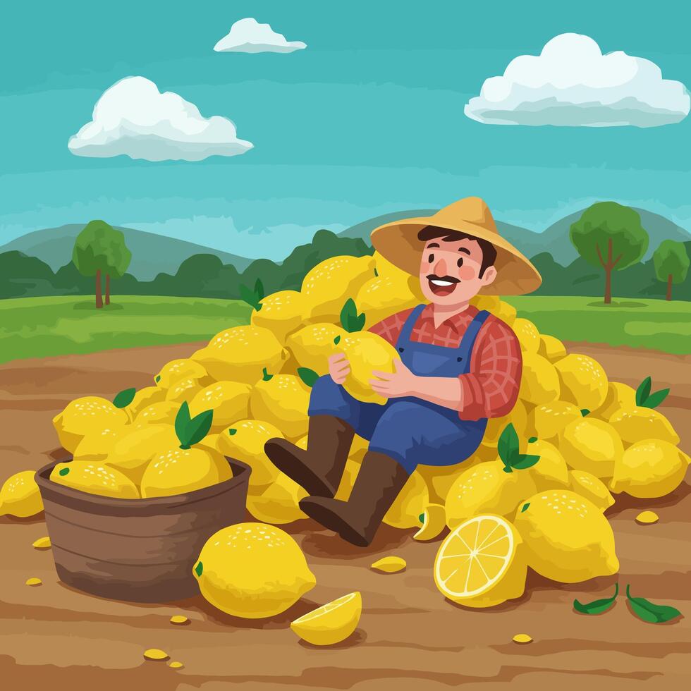 Farmer Relaxing on Harvested Lemons in Field Cartoon Illustration vector