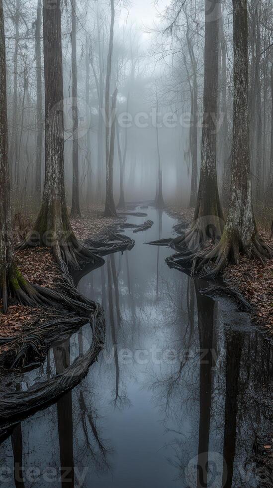 Foggy forest with winding creek and trees in reflection photo