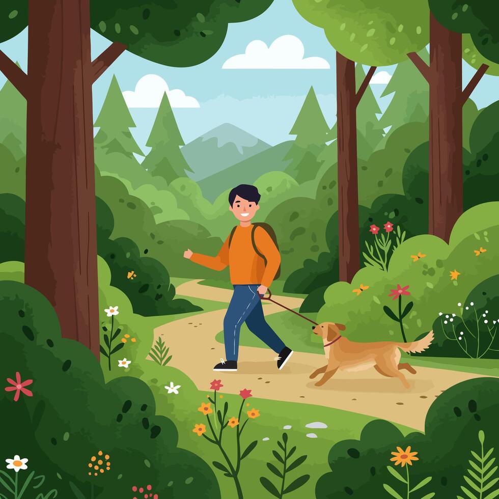 Man Walking Dog on Forest Path Surrounded by Lush Greenery vector