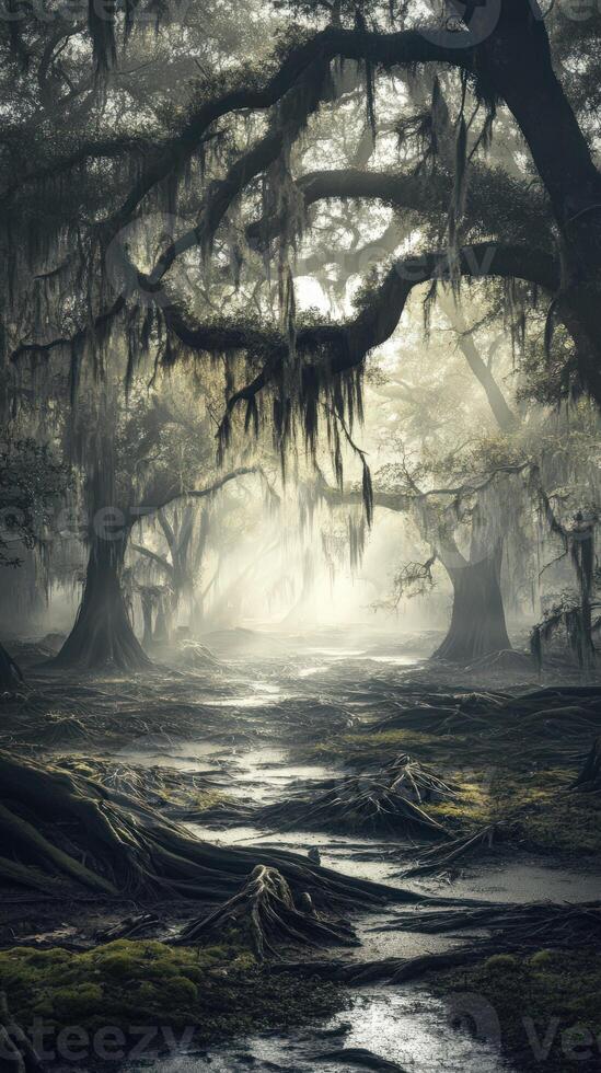 Enchanted forest pathway with misty atmosphere at dawn photo