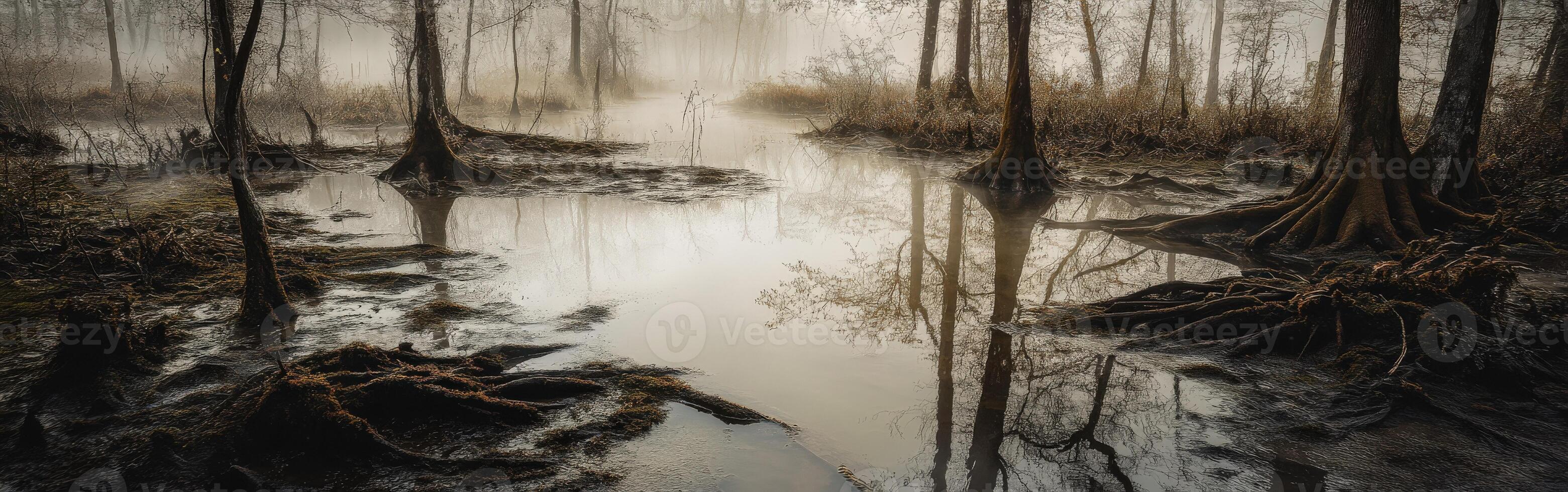 Mysterious mist over a tranquil swamp in early morning photo