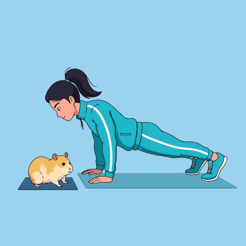 Woman Doing Pushups Looks at Guinea Pig on Yoga Mat vector