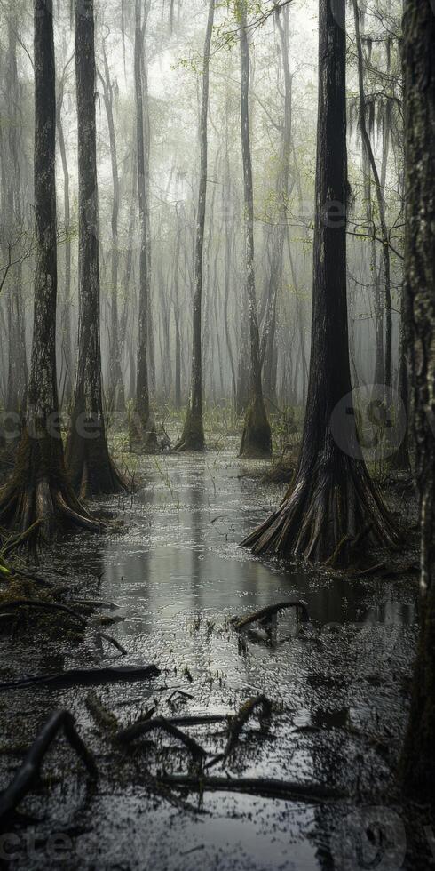 Misty swamp with towering trees at dawn photo