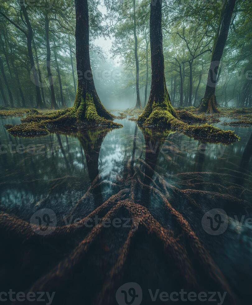 Misty forest with reflective water at dawn photo