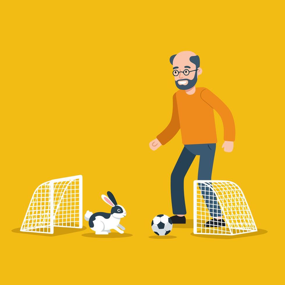 Man Playing Soccer with Rabbit Funny Sport Illustration vector