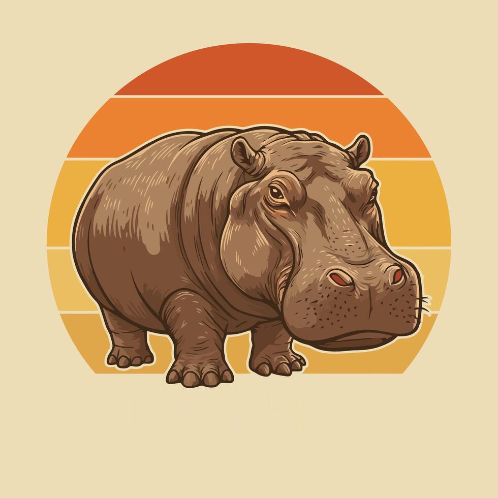 Illustrated Hippopotamus Portrait with Retro Sunset Background in Earthy Tones vector