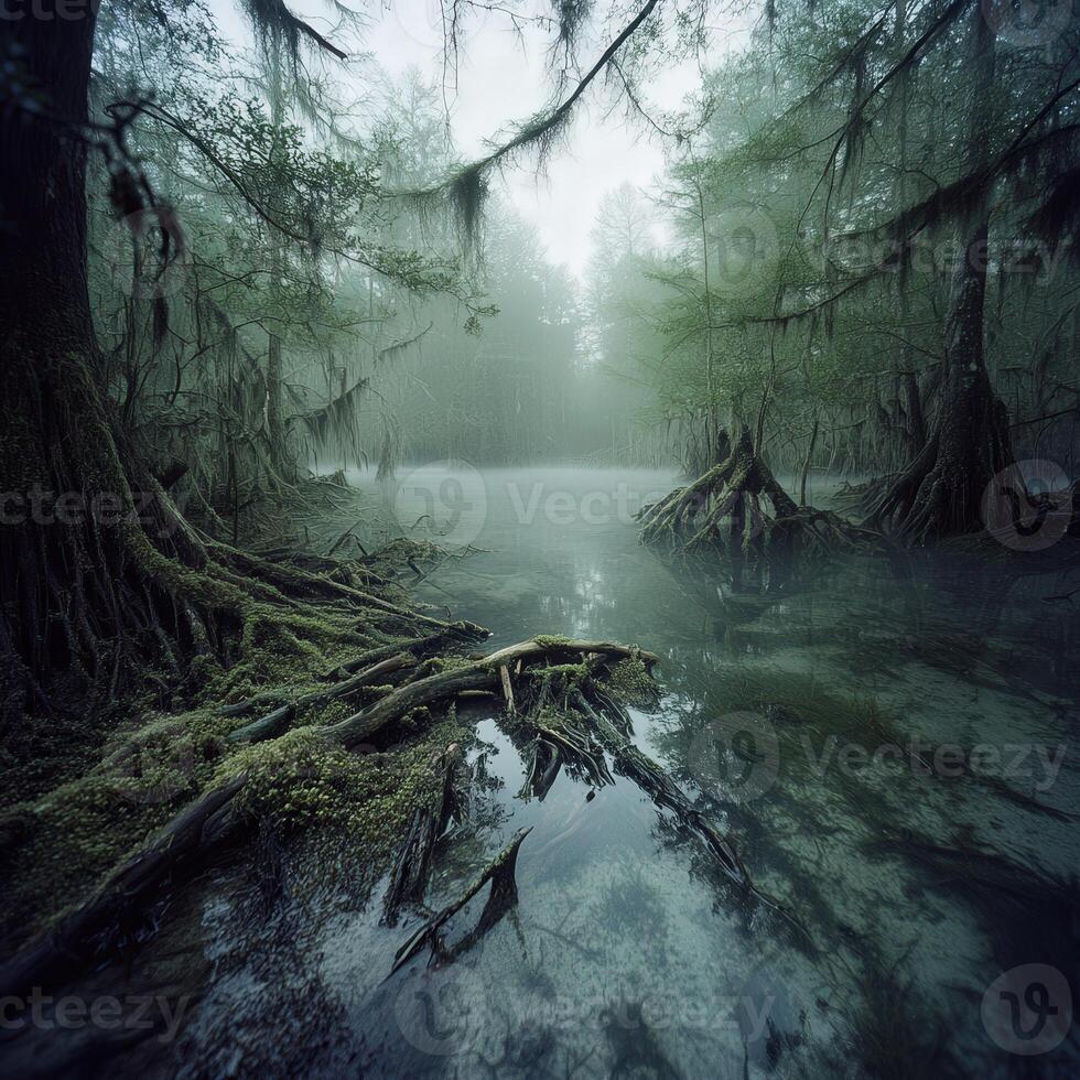 Fog envelops a tranquil swamp at dawn photo