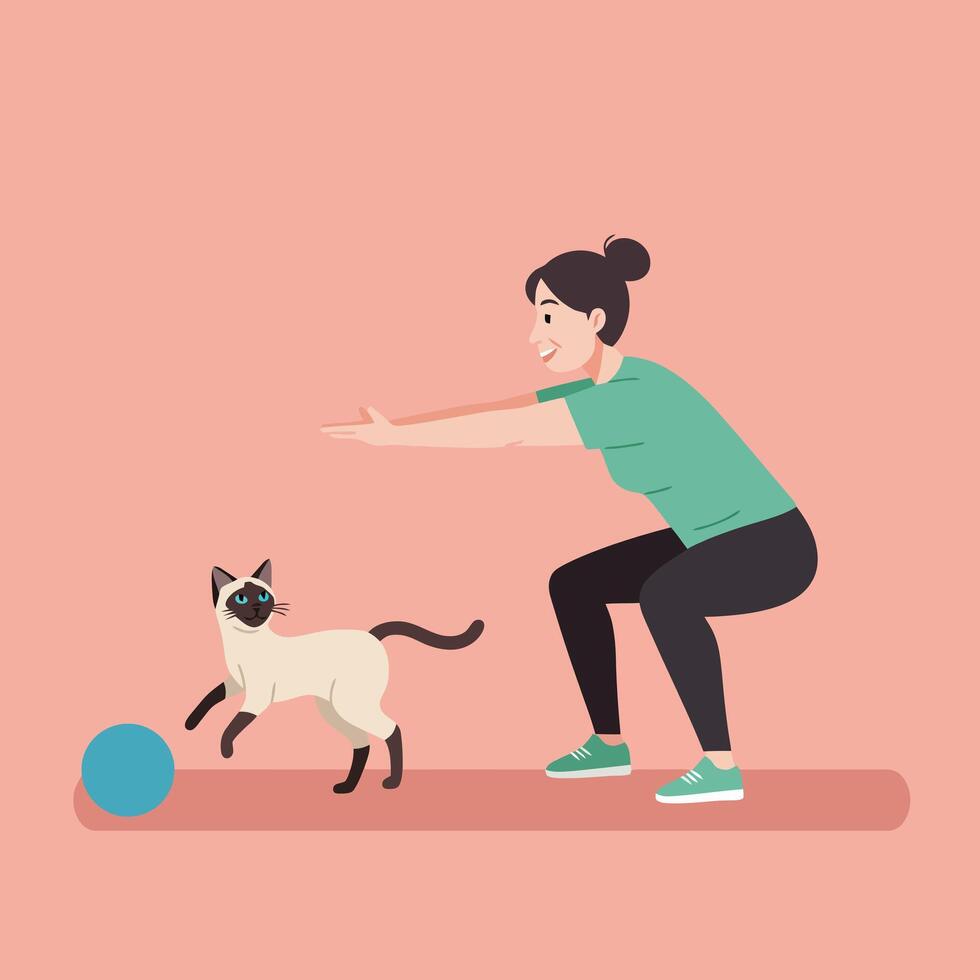 Woman Exercising While Cat Plays with Ball in Simple Illustration vector