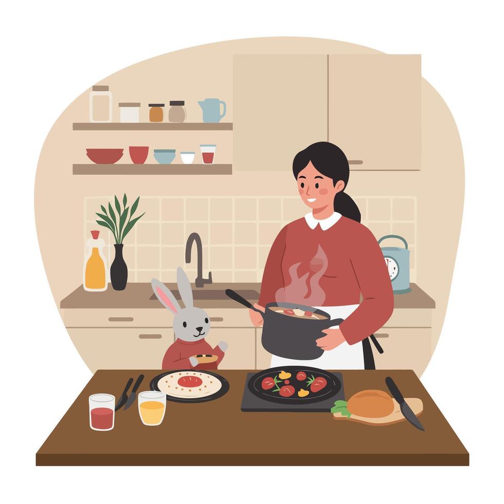Woman Cooking Food in Kitchen with Rabbit Character Watching vector