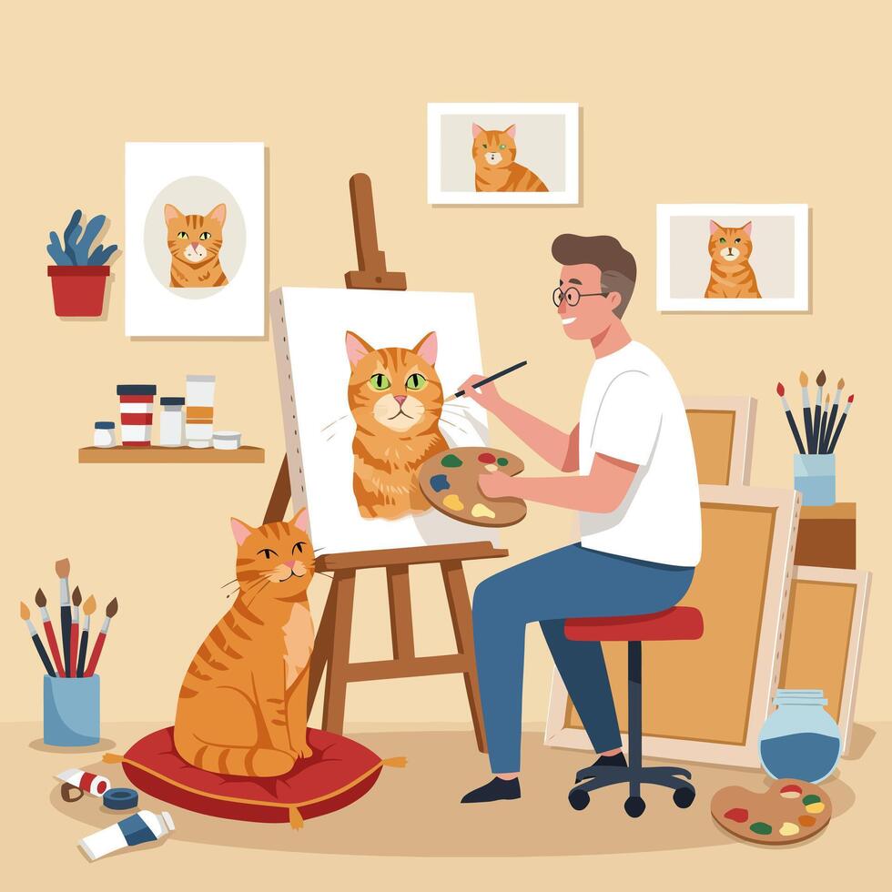 Man Painting Cat Portrait in Studio with Cat Sitting Nearby vector