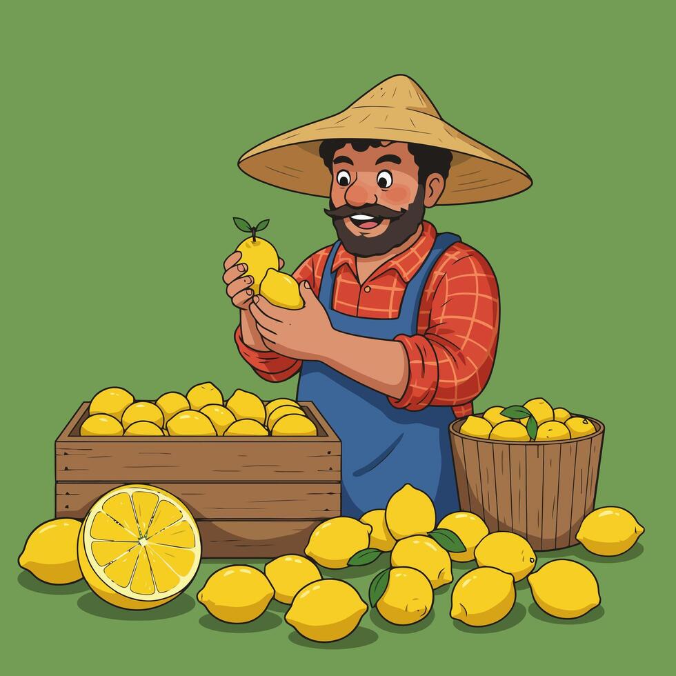 Farmer Inspecting Fresh Lemons at Harvest with Baskets and Crate vector