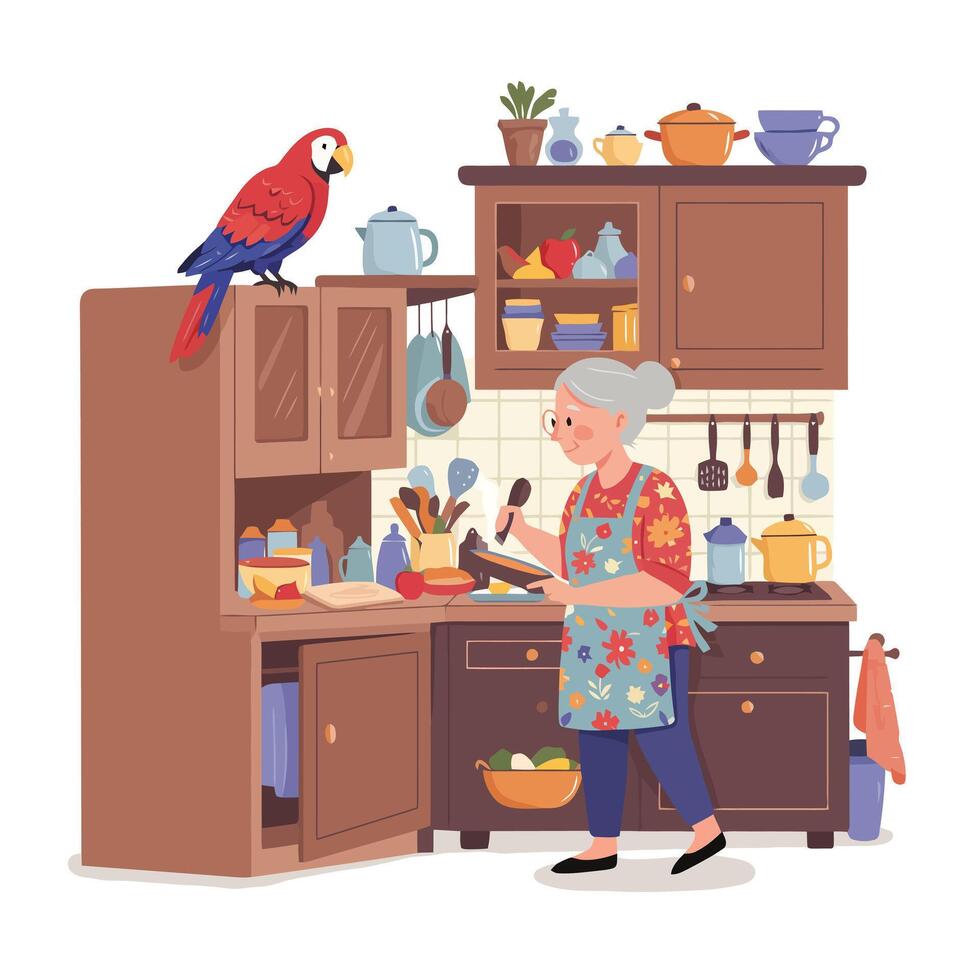 Woman Cooking in Kitchen with Parrot on Cabinet Cartoon Style vector