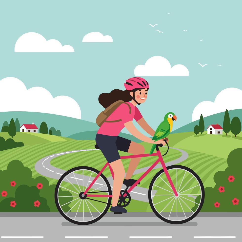 Woman Cycling with Parrot Through Countryside on Summer Day vector