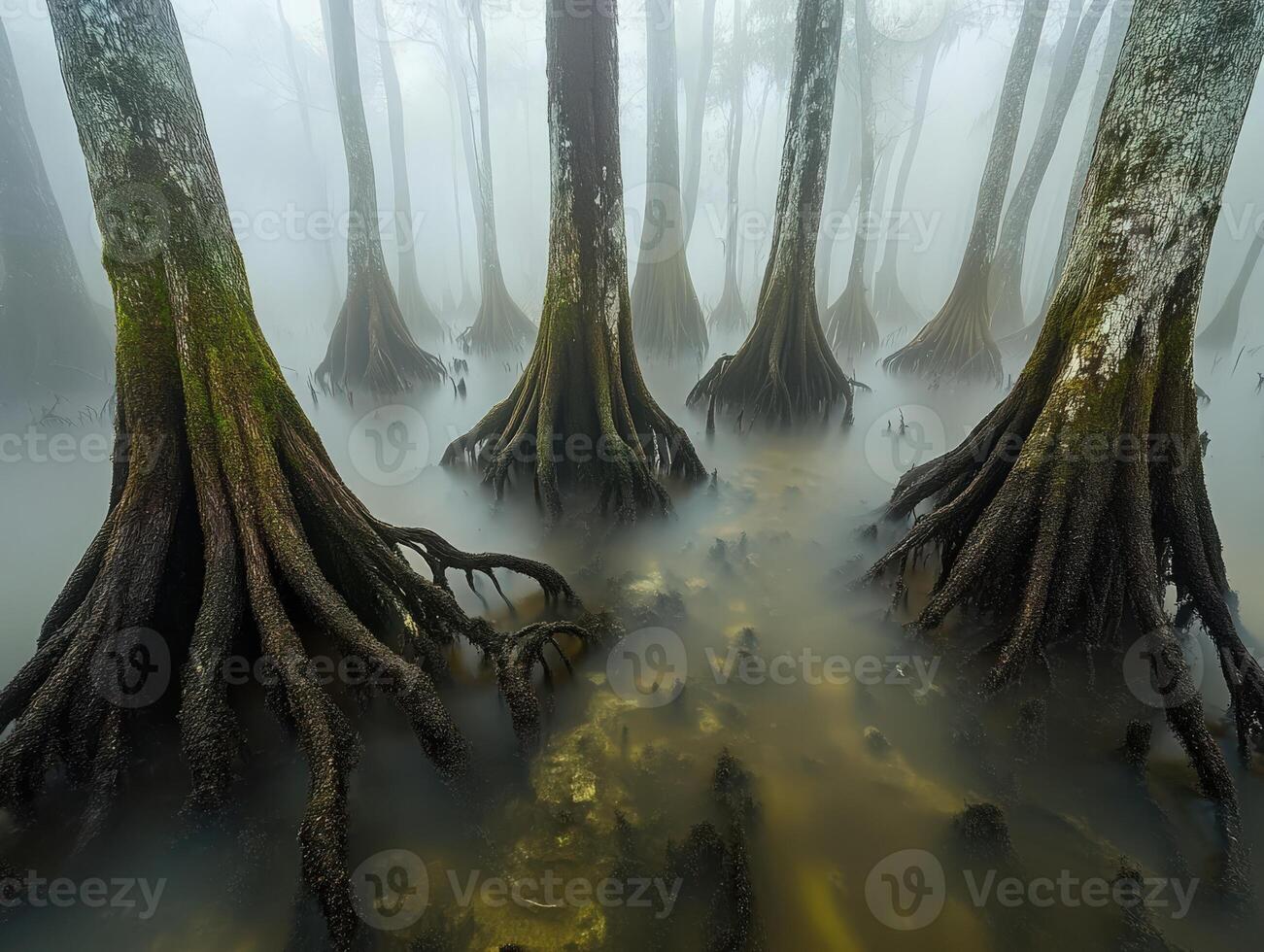 Misty swamp with towering trees and tangled roots photo