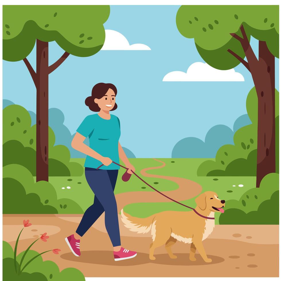Woman Walking Dog on Path in Green Park on Sunny Day vector