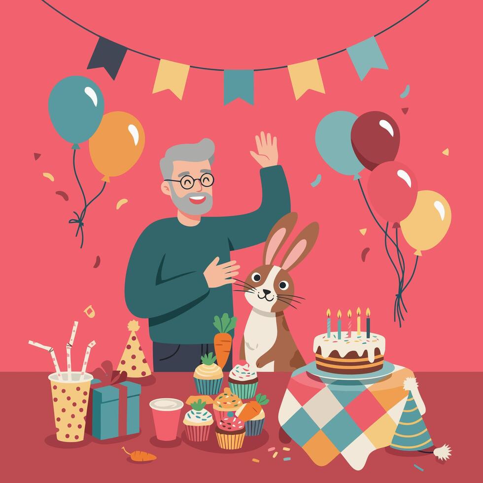Celebrating Birthday with Senior Man, Rabbit, Balloons, Cake, and Cupcakes vector