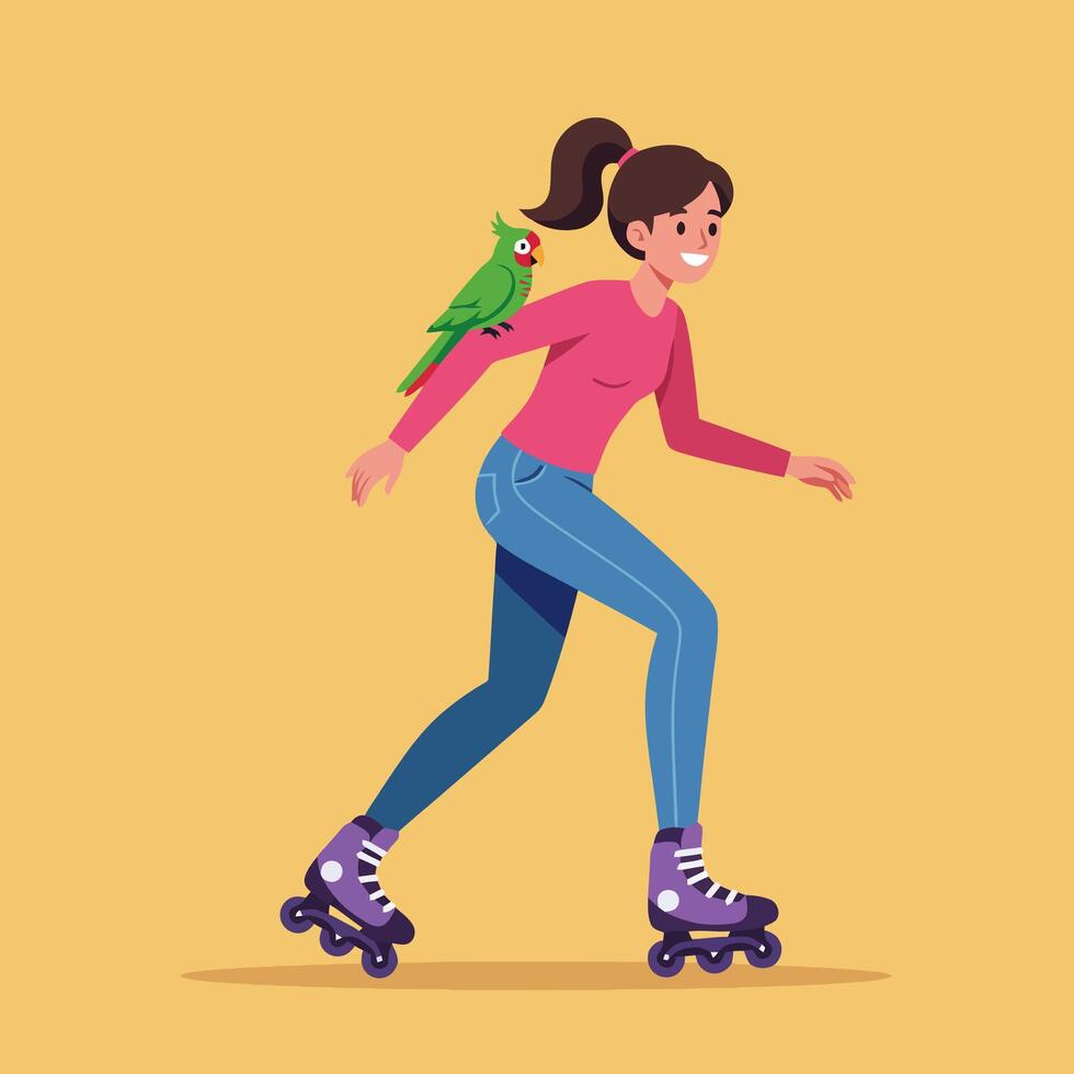 Woman Roller Skating with a Green Parrot on Her Shoulder vector