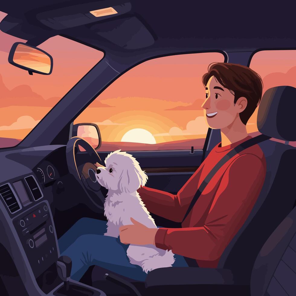 Man Driving Car at Sunset with Dog Sitting on Lap vector