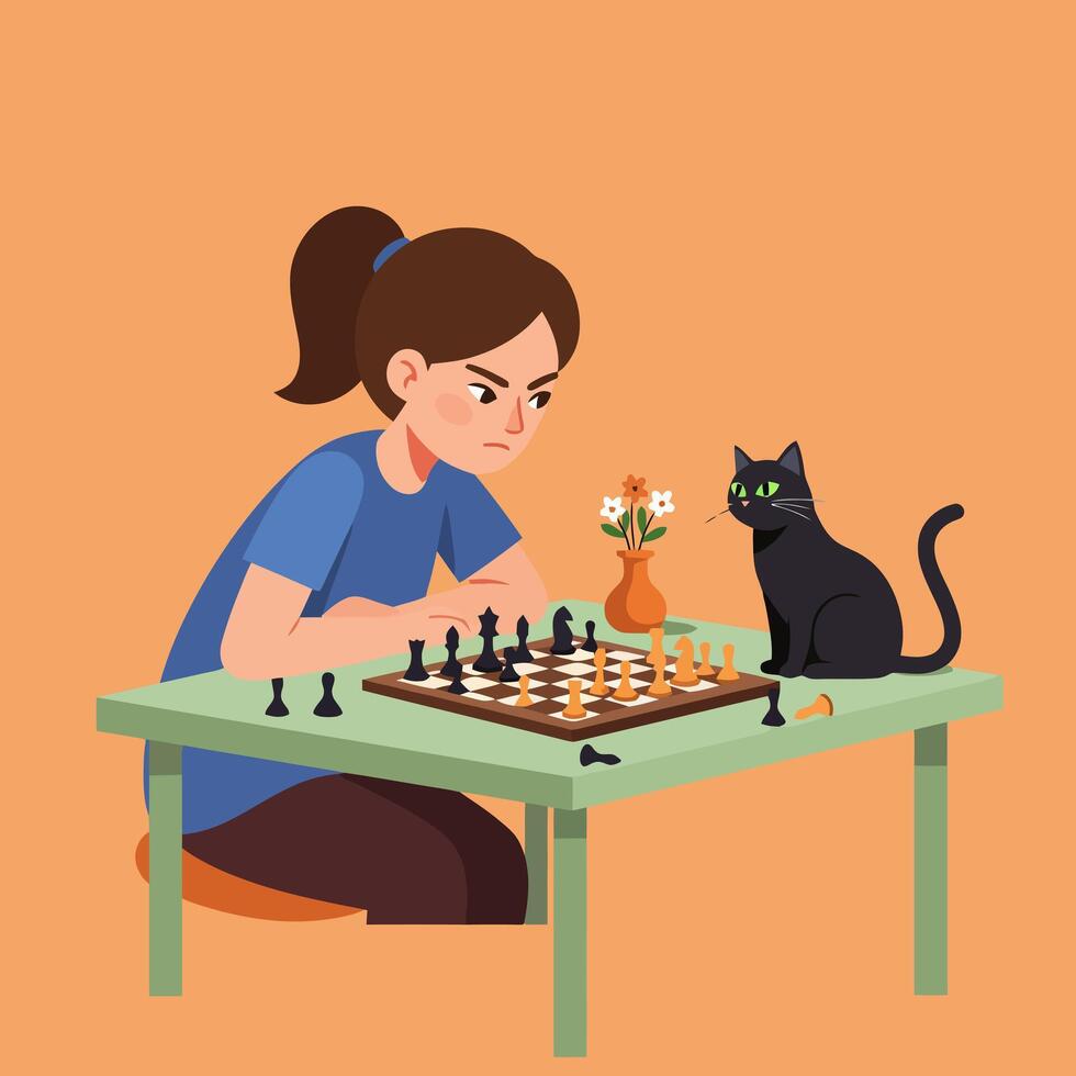 Woman Playing Chess with a Black Cat Concentrating on Strategy vector