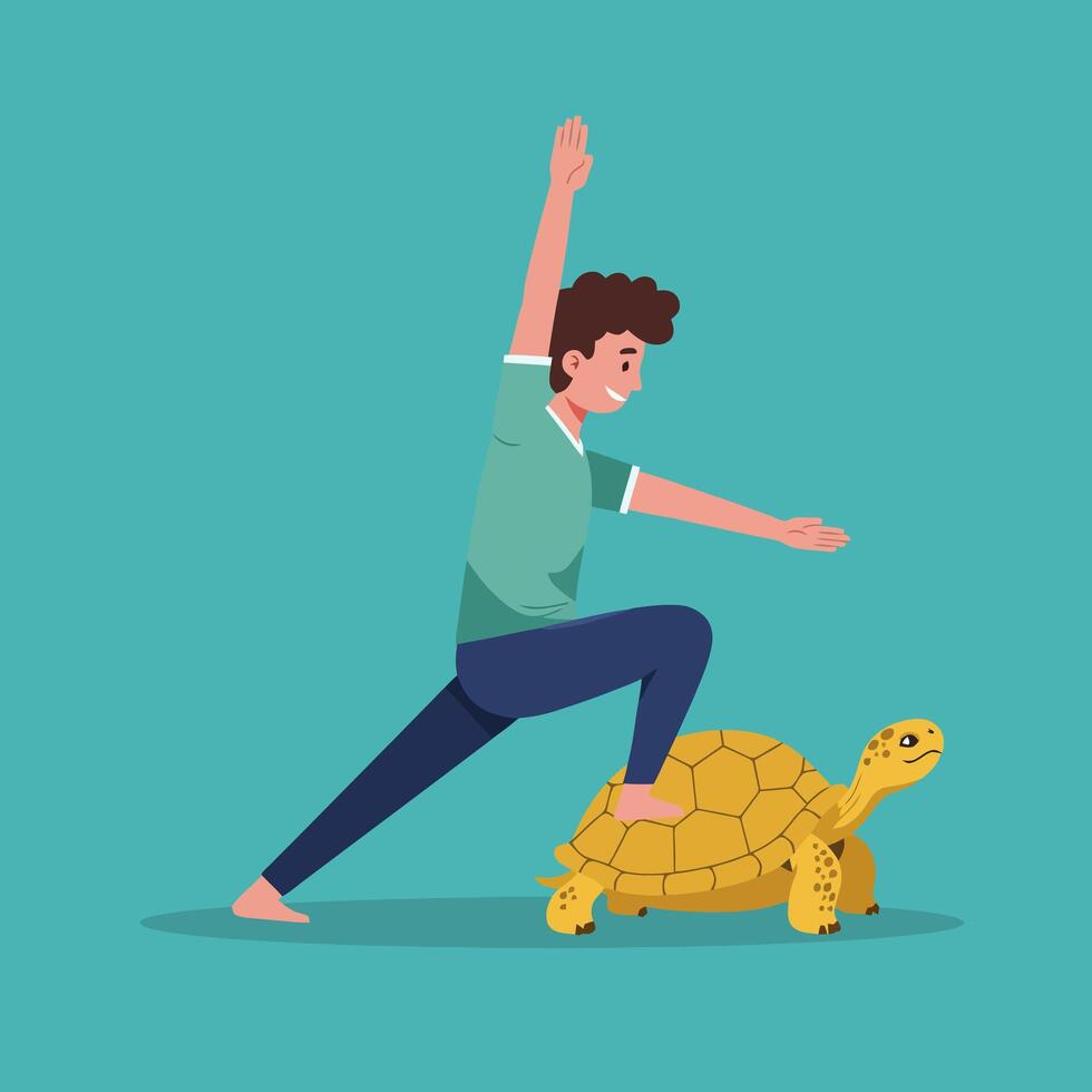 Man Doing Yoga Pose on a Turtle Illustration on a Cyan Background vector