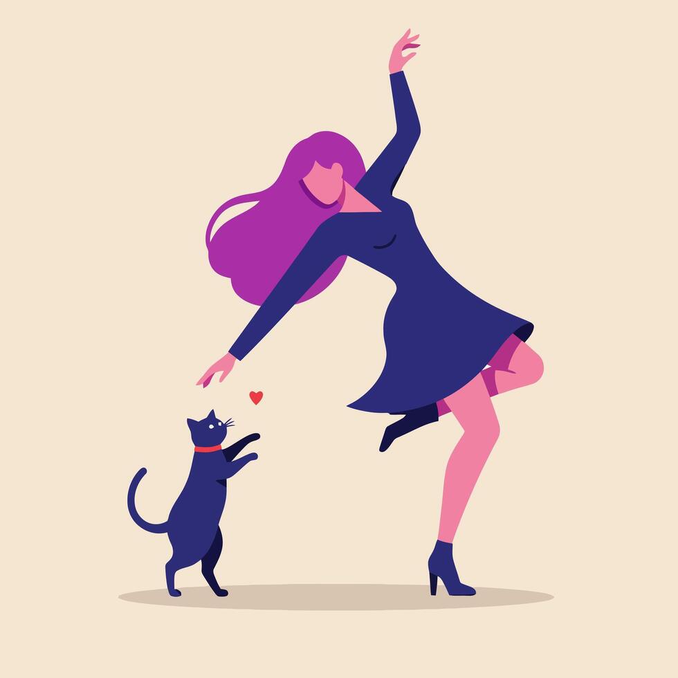Woman Dancing with Cat Playful Illustration Happy Home Companion vector