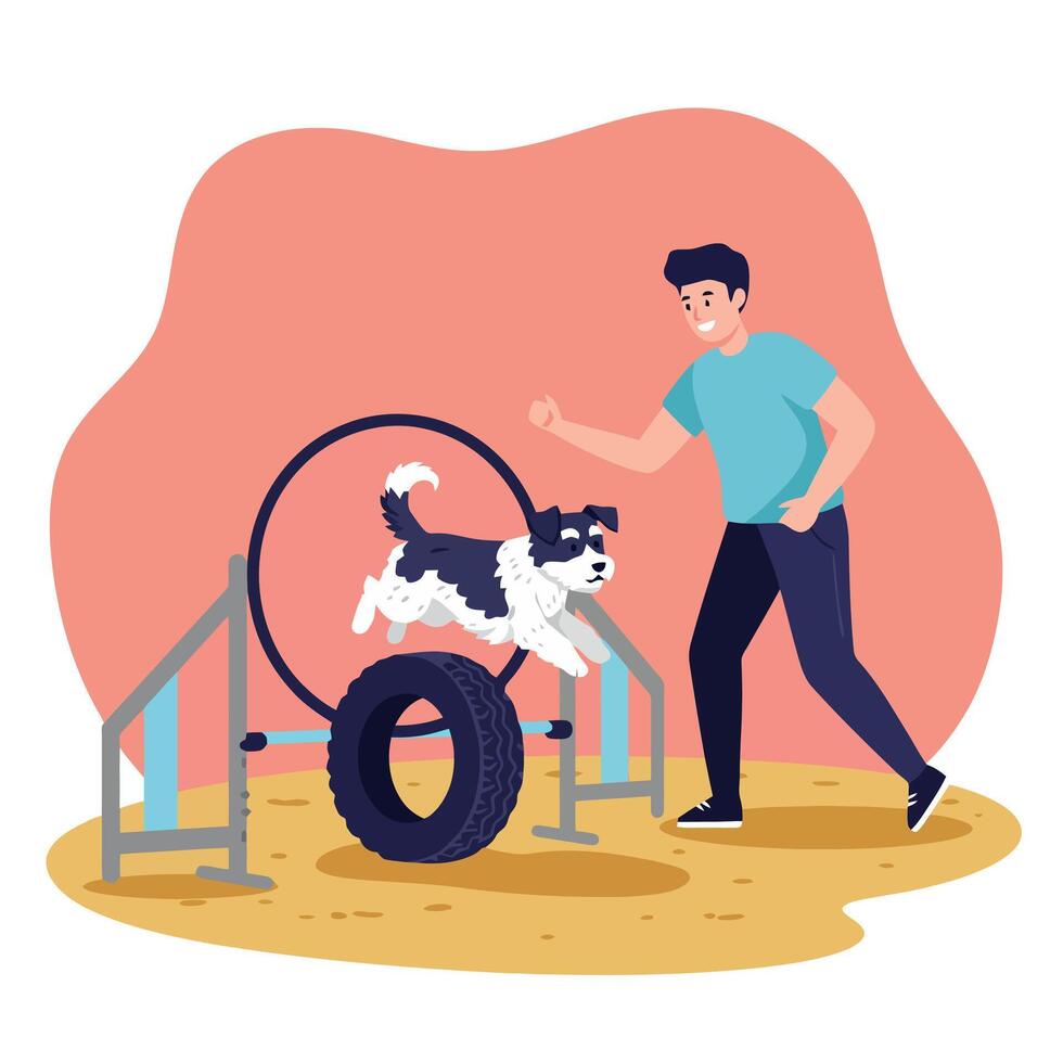 Dog Jumping Through Agility Course Tire with Trainer Cheering vector