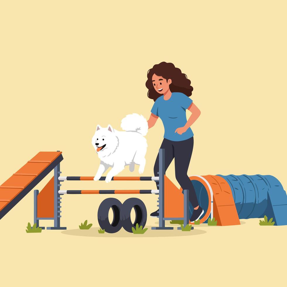 Woman and Dog Doing Agility Training Course Jumping Over Obstacle vector