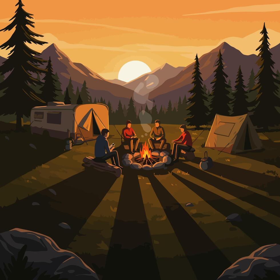 People Gather Around Campfire at Sunset Camping in Nature vector
