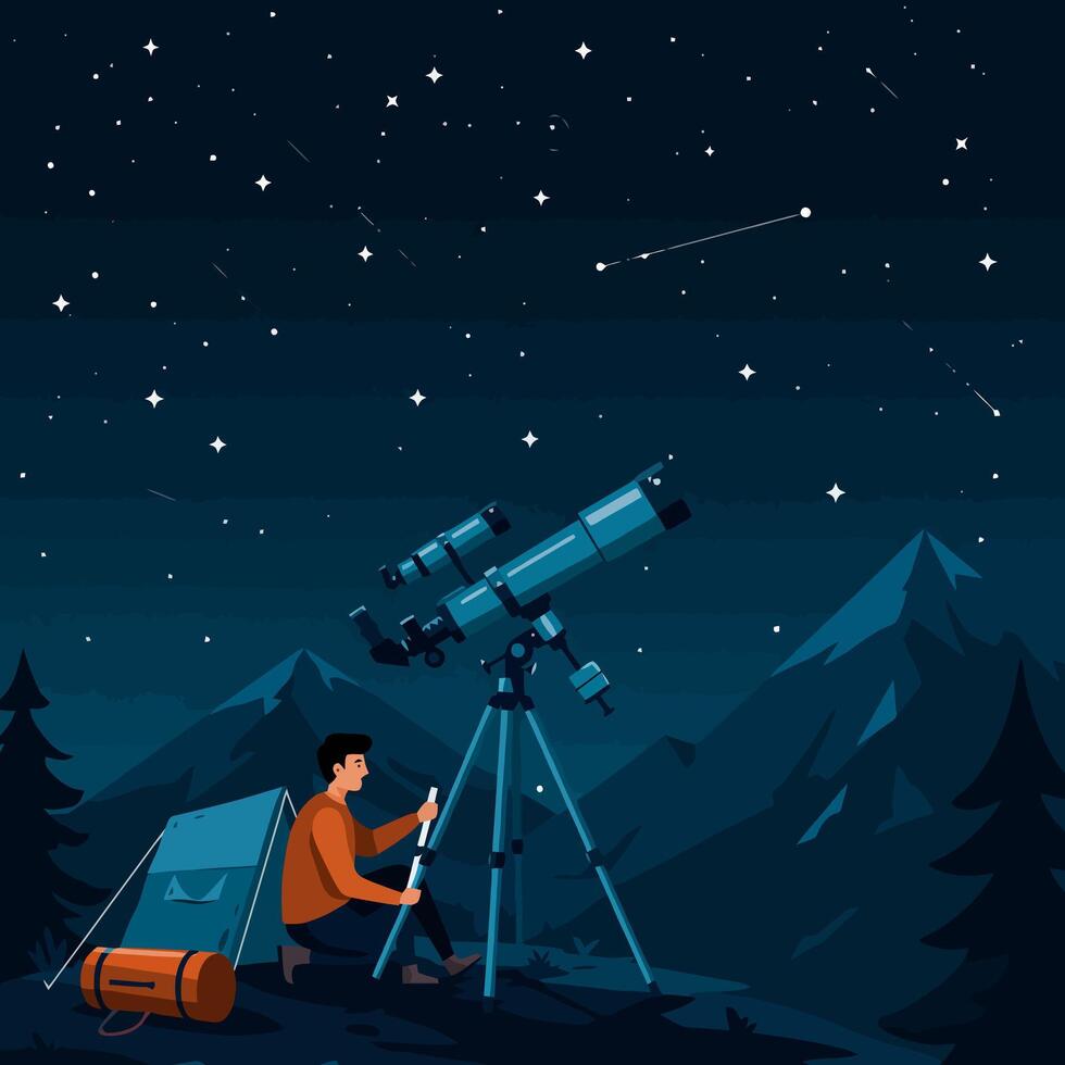 Person Observing Night Sky with Telescope During Camping Adventure vector