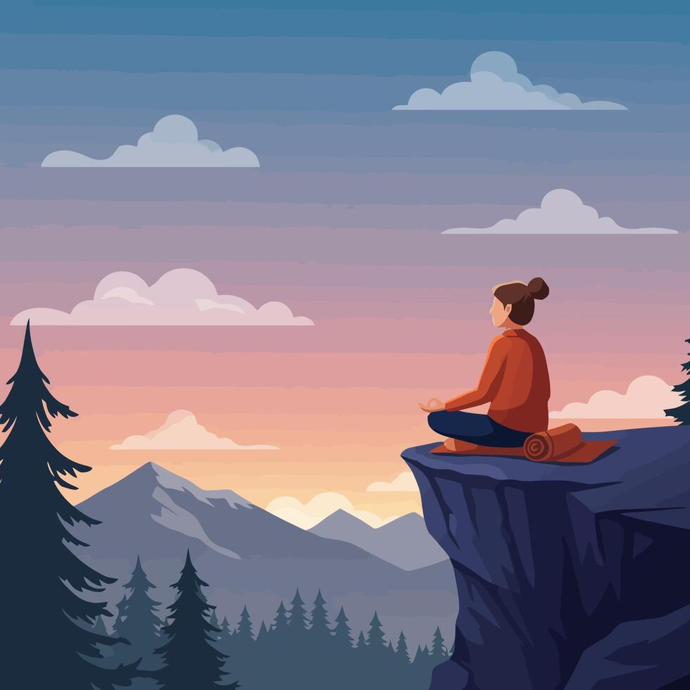 Woman Meditating on Cliff Overlooking Mountain Forest at Sunset vector