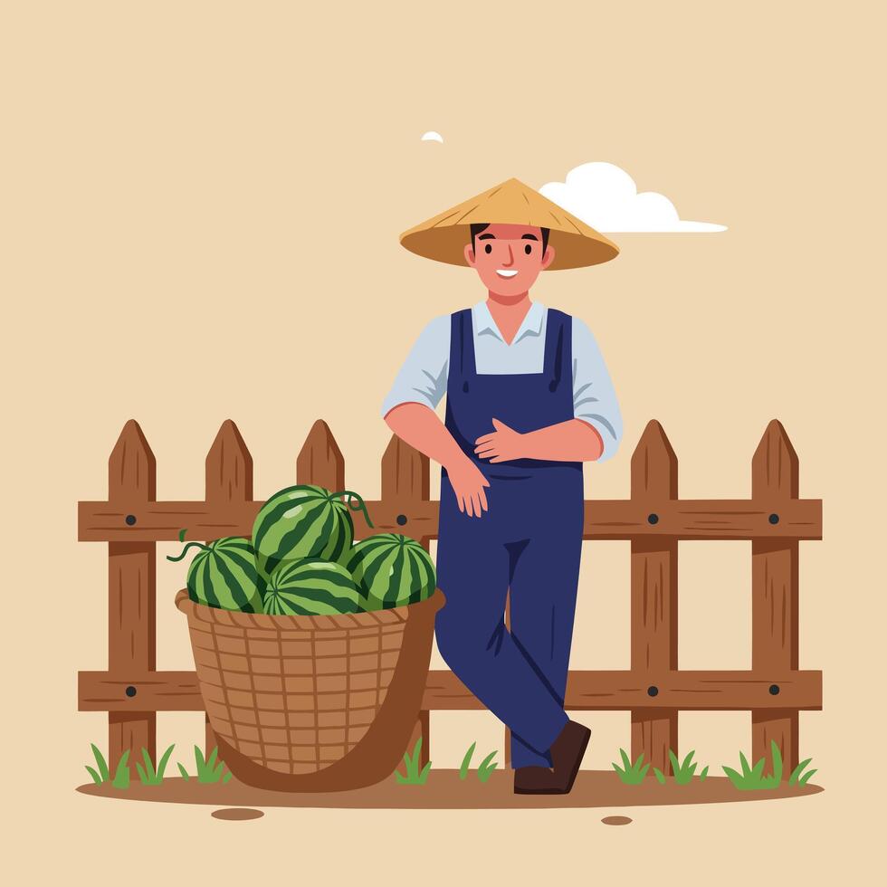 Farmer Resting Near Watermelon Basket After Harvest on the Farm vector