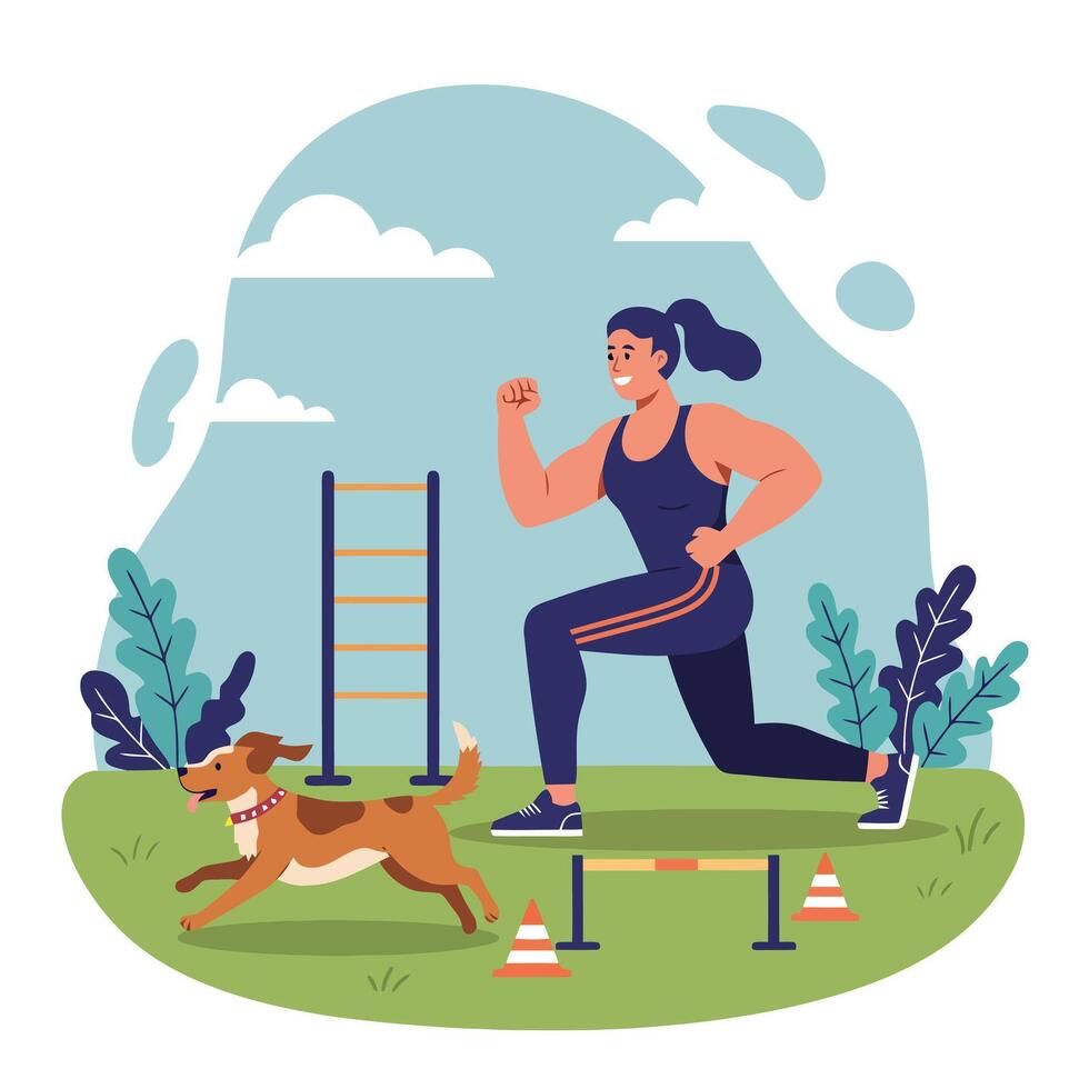 Woman Exercising with Dog at Obstacle Course in Outdoor Park vector