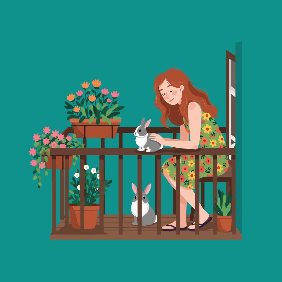 Woman Petting Rabbit on Balcony with Flowers and Peaceful Setting vector