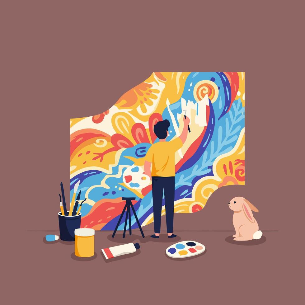 Man Painting Colorful Mural Indoors with Rabbit Watching Art Creation vector