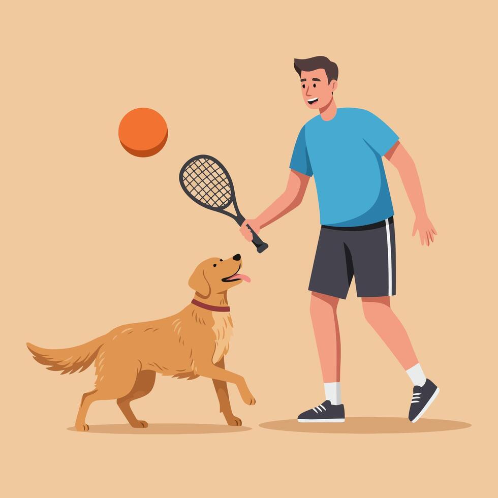 Man Playing Fetch with Dog Using Tennis Racket and Ball vector