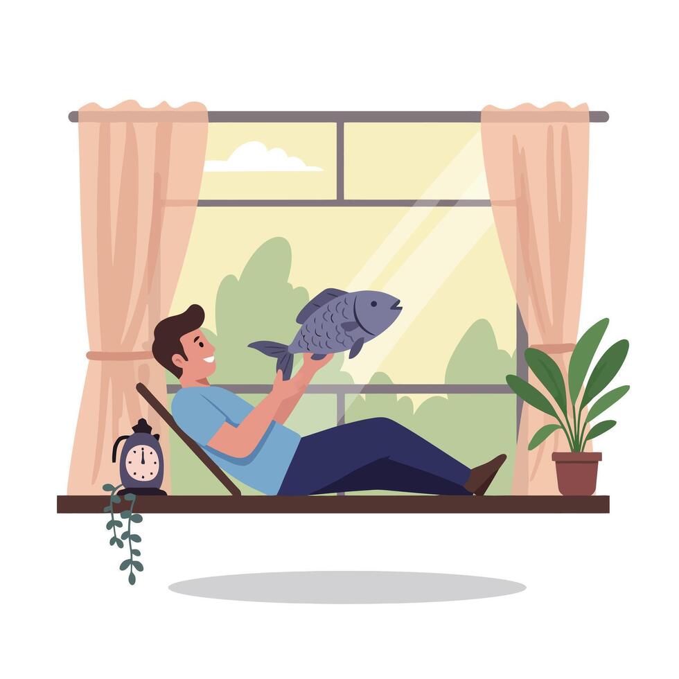 Man Lying Holding Up Fish Indoors by Window with Curtains vector