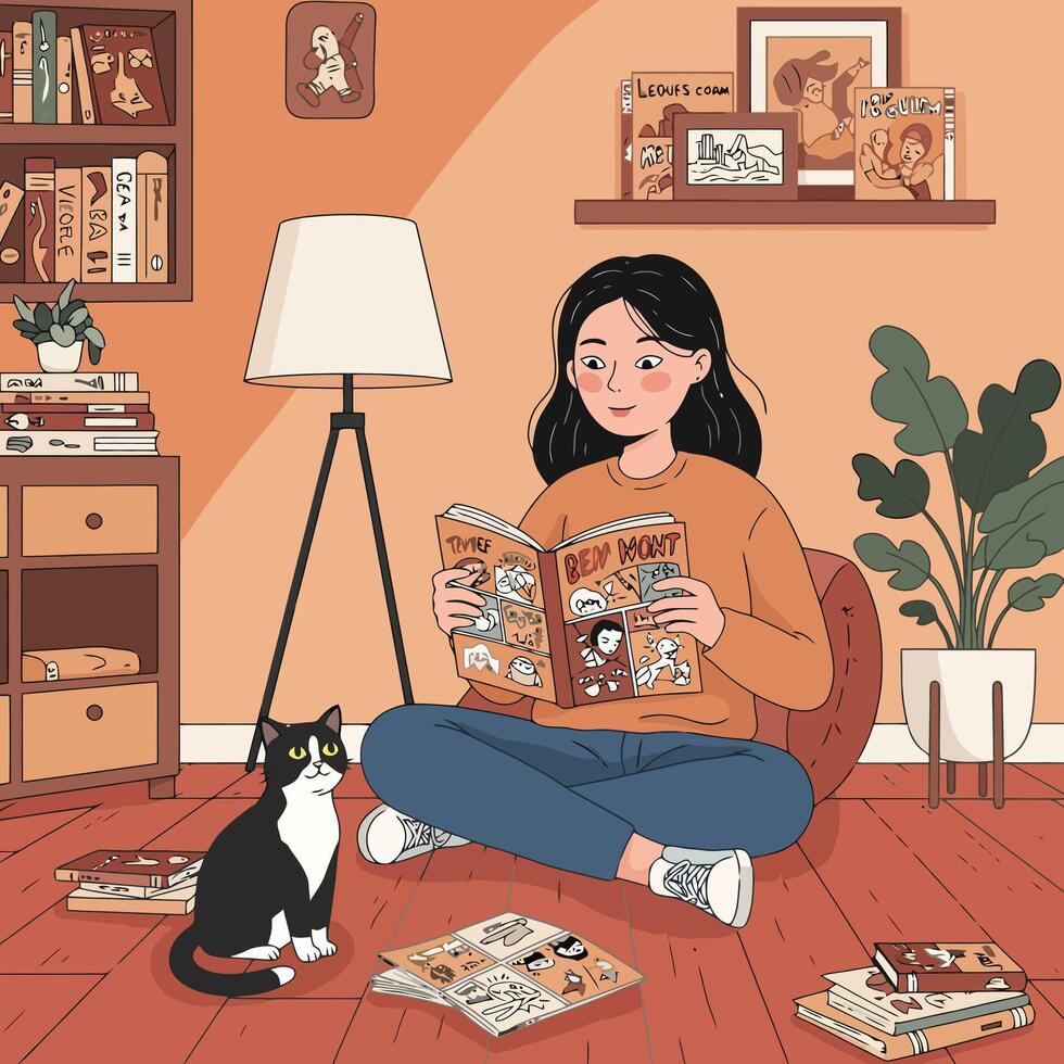 Woman Reading Comic Book with Cat in Cozy Room Illustration vector