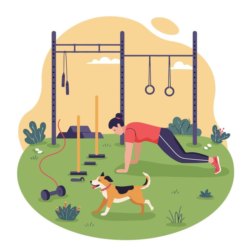 Woman Exercising Outdoors with Dog at Fitness Obstacle Course vector
