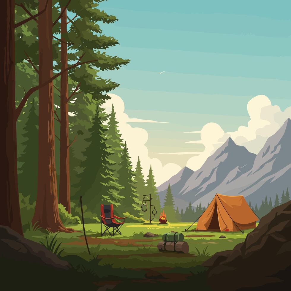 Camping Adventure Scene with Tent Forest and Mountains Under Cloudy Sky vector