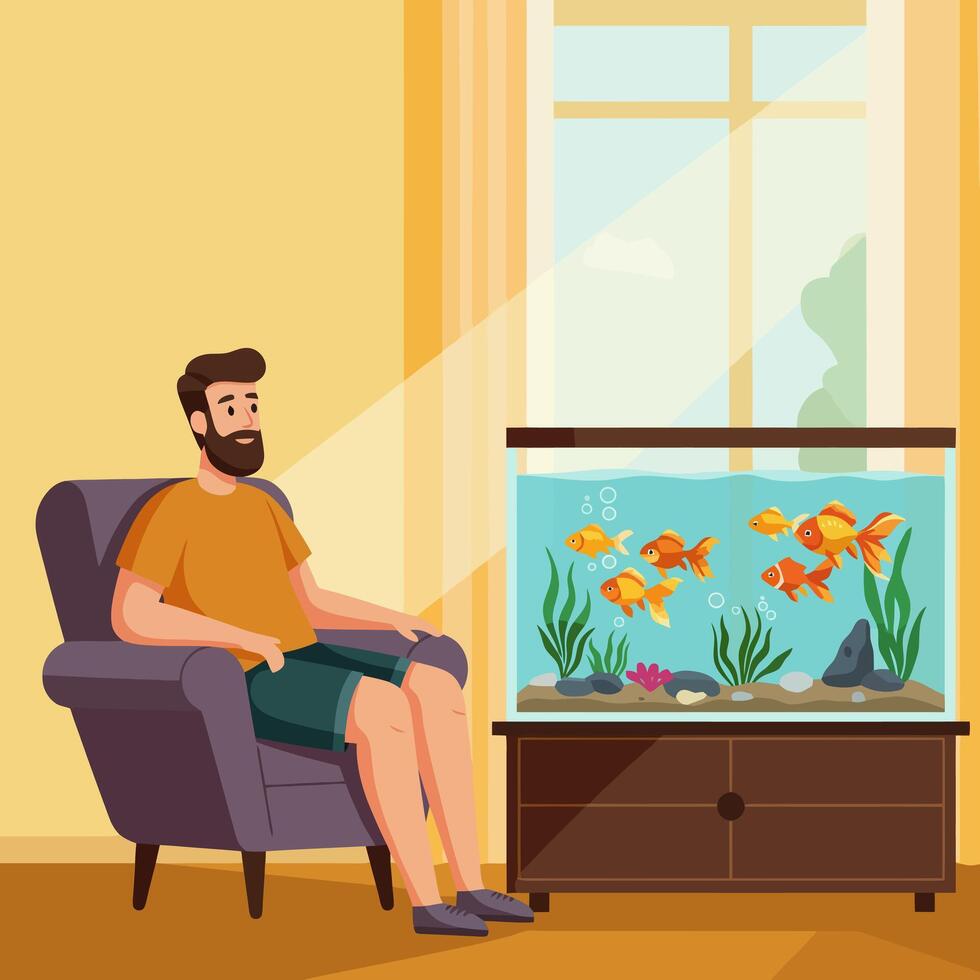 Man Relaxing Watching Fish Swim in Aquarium at Home in Sunlight vector