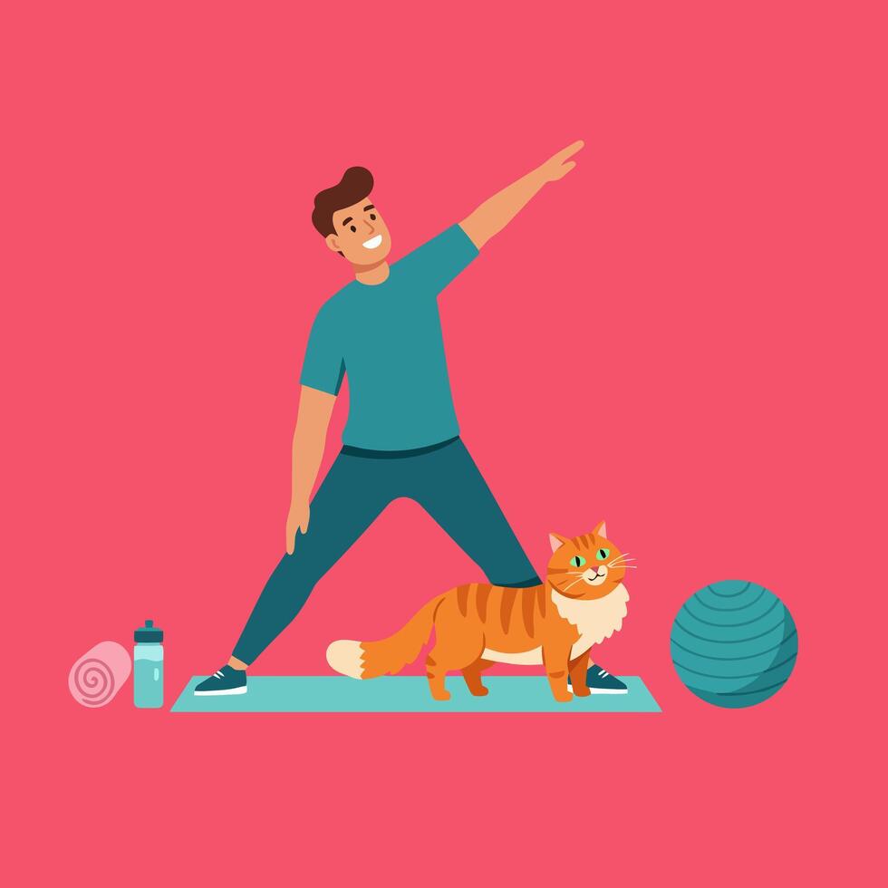 Man Doing Yoga Stretch Pose with a Cat and Fitness Accessories vector