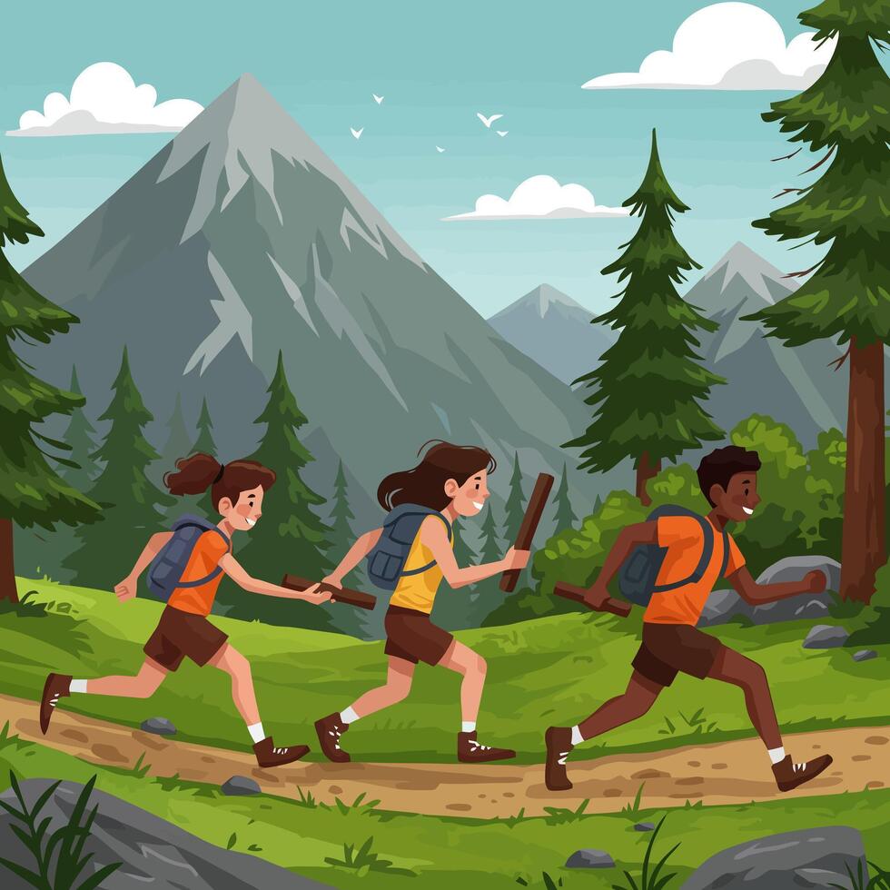 Children Running Hiking Trail in Mountain Landscape with Backpacks vector