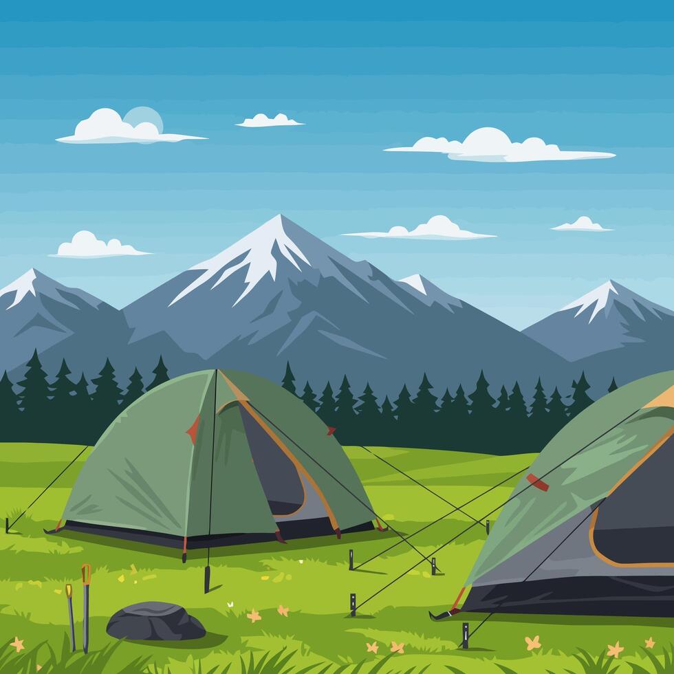 Camping Tents in Mountain Landscape on Green Meadow with Trees vector