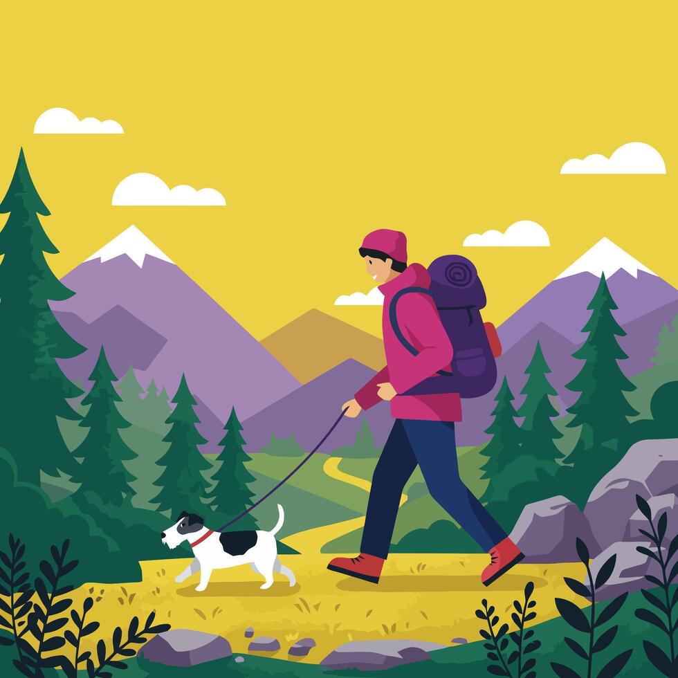 Hiking Through Mountains with Dog Enjoying Outdoor Recreation Activities vector