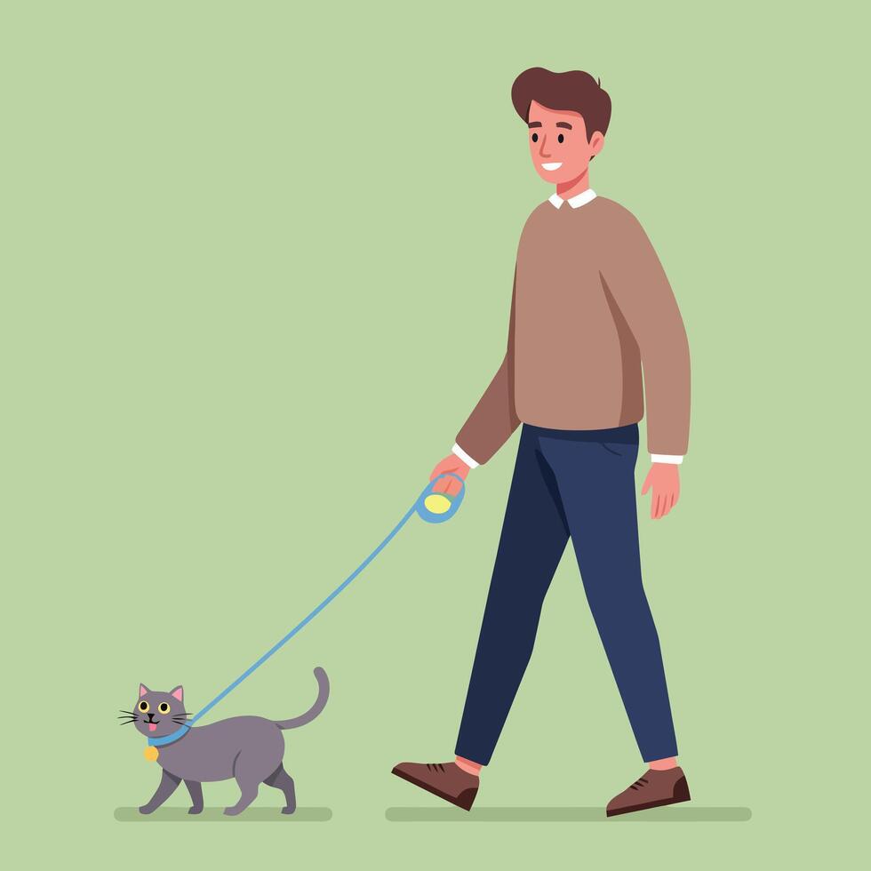 Man Walking Gray Cat on Leash in Casual Outdoor Illustration vector