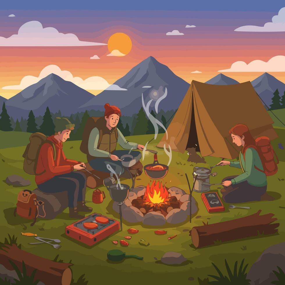 People Camping and Cooking Food Near Campfire During Sunset in Mountains vector