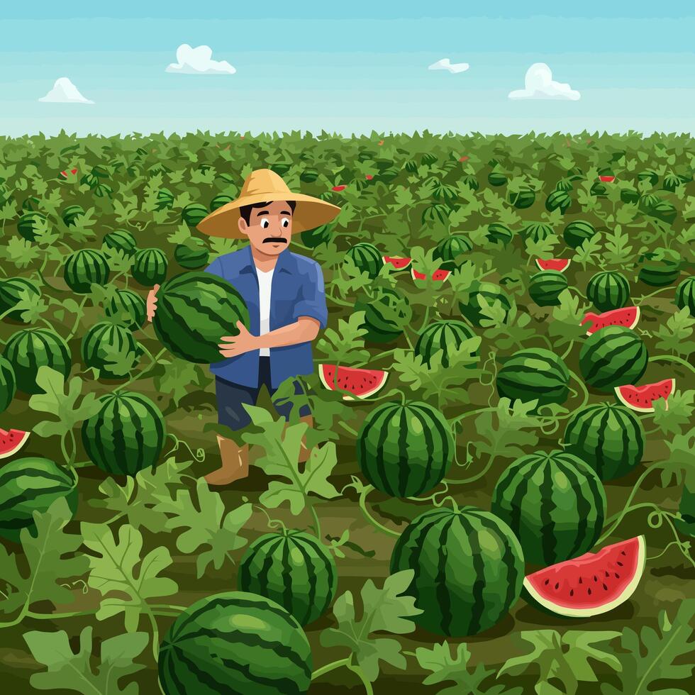Farmer Harvesting Watermelon in Field During Sunny Day Agriculture Scene vector