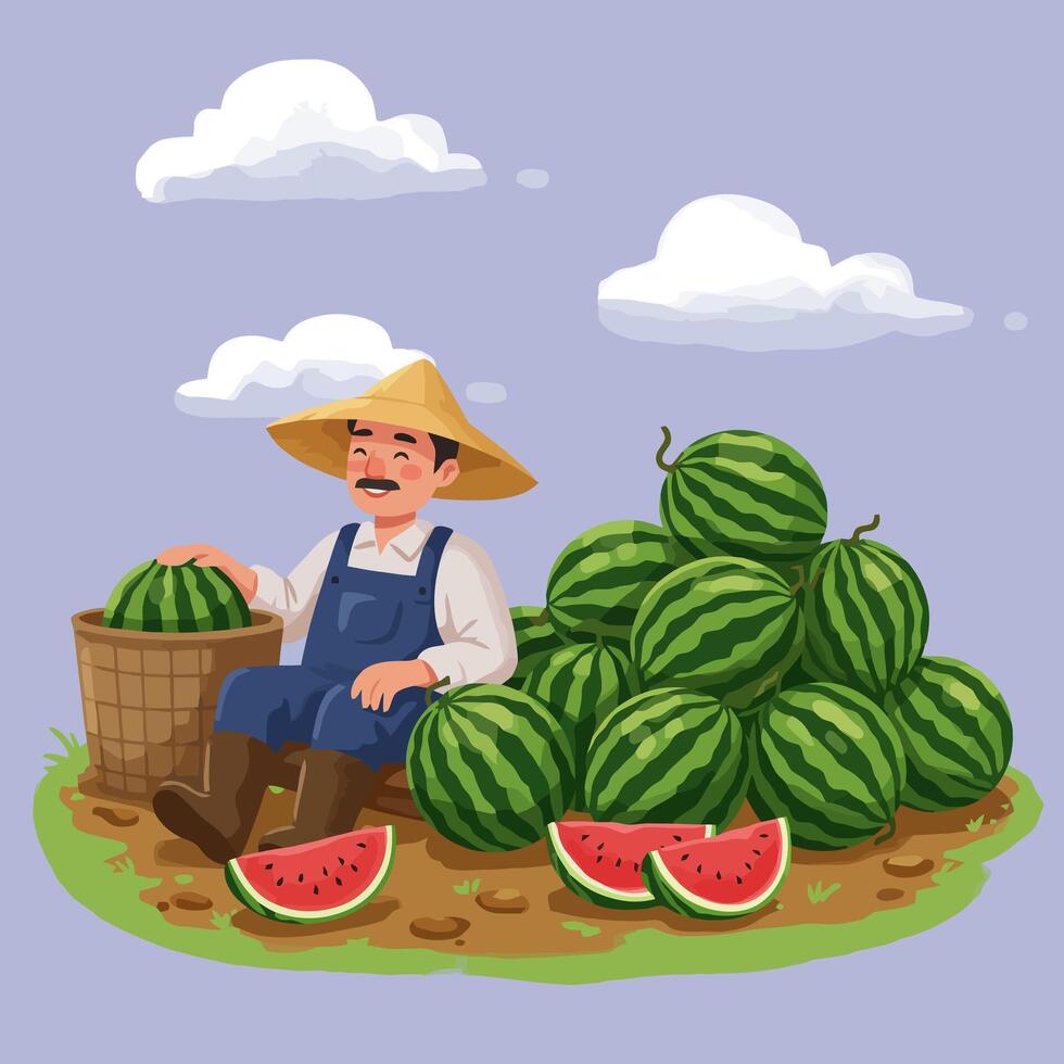 Farmer Harvesting Watermelons Putting Fruit in Basket on Sunny Day vector