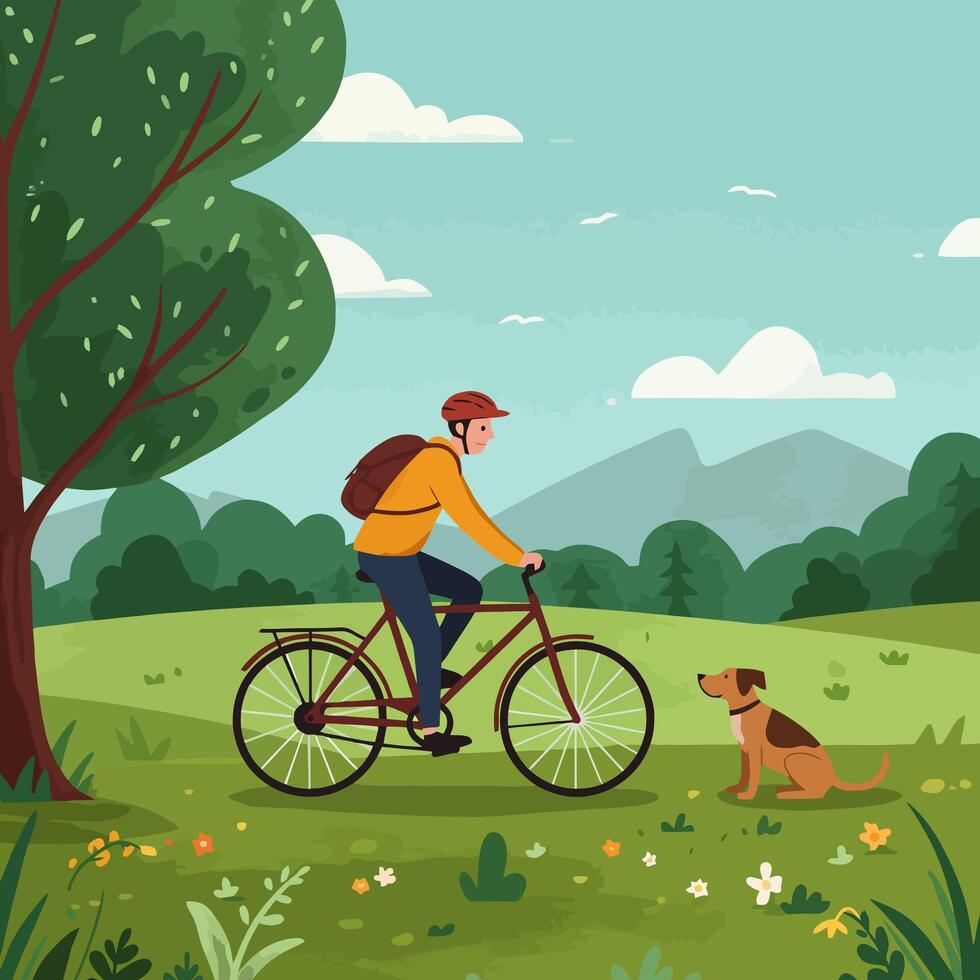 Person Cycling with Dog in Green Field with Mountain Backdrop vector